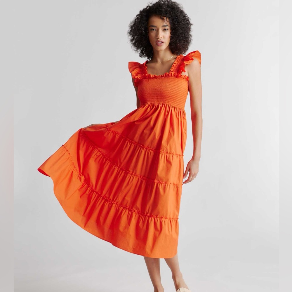 Quince smocked orange midi dress